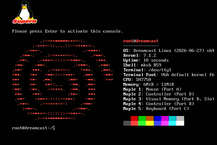Dreamcast Linux booted to a console, showing system info